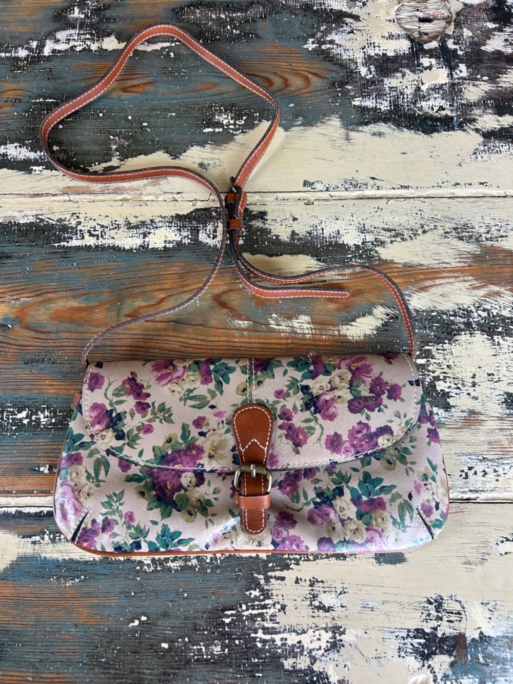 Patricia Nash Purple Floral Crossbody with Brown Leather Trim